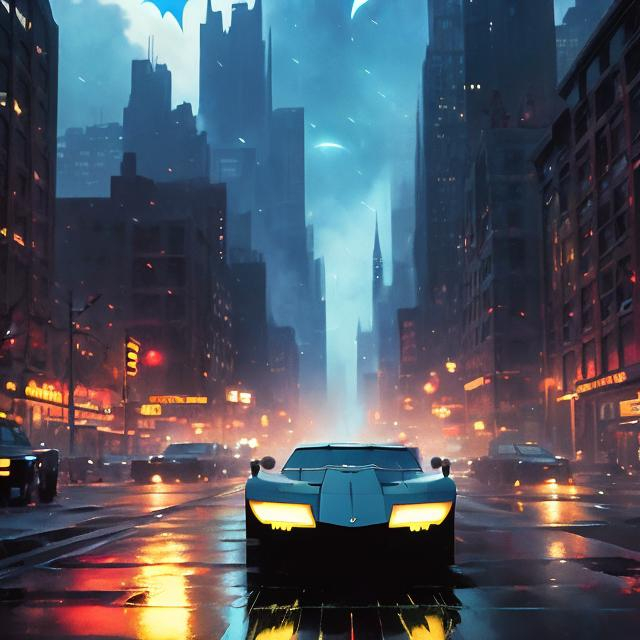 Prompt: car , batmobile , batman animated series 1992, ultra-réalistic, Gotham backround , street of Gotham with skycraper
 
Illustration by Makoto shinkai.

heavenly beauty, 128k, 50mm, f/1. 4, high detail, sharp focus, highly detailed, detailed and high quality background, oil painting, digital painting, Trending on artstation, UHD, 128K, quality, artgerm, highest quality stylized concept masterpiece, award winning digital 3d, hyper-realistic, intricate, 128K, UHD, HDR, image of a gorgeous, beautiful, dirty, highly detailed , hyper-realistic  features, cinematic 3D volumetric, Full HD render + immense detail + dramatic lighting + well lit + fine | ultra - detailed realism, lighting, high - quality, engraved, ((photorealistic)), ((hyperrealistic))