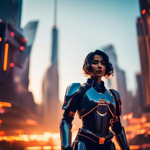 Prompt: portrait photo, 21 years old, tanned skin, medium length curly asymmetric hair cut, transparent hologram suit, on a crowded plaza, huge dystopian city, space warships in the sky, heroic pose, heavenly beauty, 8k, 50mm, f/1. 4, high detail, sharp focus, cowboy shot, perfect anatomy, arms behind back, Carne Griffiths, Conrad Roset, highly detailed, detailed and high quality background, oil painting, digital painting, Trending on artstation , UHD, 128K, quality, Big Eyes, artgerm, highest quality stylized character concept masterpiece, award winning digital 3d, hyper-realistic, intricate, 128K, UHD, HDR, image of a gorgeous, beautiful, dirty, highly detailed face, hyper-realistic facial features, cinematic 3D volumetric, illustration by Marc Simonetti, Carne Griffiths, Conrad Roset, 3D anime girl, Full HD render + immense detail + dramatic lighting + well lit + fine | ultra - detailed realism, full body art, lighting, high - quality, engraved | highly detailed |digital painting, artstation, concept art, smooth, sharp focus, Nostalgic, concept art,