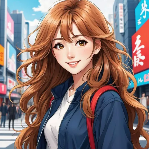 Prompt: Create a detailed illustration of a manga girl with long, wavy hair, expressive eyes, and a sweet smile. She wears a stylish, modern outfit, and stands in front of a vibrant urban backdrop that reflects Japanese pop culture. The style should be lively and colorful, with particular attention to details and textures