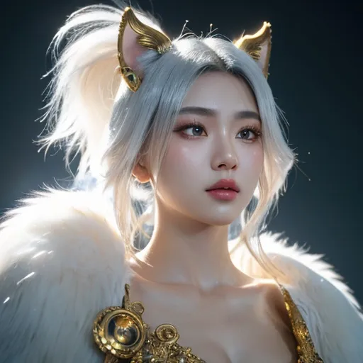 Prompt: kitsune female, delicate physique, soft white fur, partial silver mask, gold eyes, intricate and ornate garments, cyberpunk Heavenly beauty, 128k, 50mm, f/1. 4, high detail, sharp focus, perfect anatomy, highly detailed, detailed and high quality background, oil painting, digital painting, Trending on artstation, UHD, 128K, quality, Big Eyes, artgerm, highest quality stylized character concept masterpiece, award winning digital 3d, hyper-realistic, intricate, 128K, UHD, HDR, image of a gorgeous, beautiful, dirty, highly detailed face, hyper-realistic facial features, cinematic 3D volumetric, 