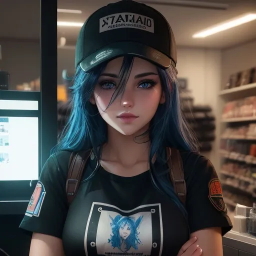 Prompt: Young woman, hair dyed blue, mossy blue eyes, a baseball cap placed carelessly on her head. She has her head resting on one hand. She has black makeup, with black kohl. She is behind the counter of a geek store. She seems to be deeply bored, her hand holds her head. Dark atmosphere, old shop. She has a badge with her name, "Lucy". Flawless text. 4D. 300k, 50mm, f/1.4, sharp focus, reflections, high-quality background , UHD, sharp focus, reflections, high-quality background
illustration by Marc Simonetti Carne Griffiths, Conrad Roset, 3D anime girl, Full HD render + immense detail + dramatic lighting + well lit + fine | ultra - detailed realism, full body art, lighting, high - quality, engraved, ((photorealistic)), ((hyperrealistic)), ((perfect eyes)), ((perfect skin)), ((perfect hair)), ((perfect shadow)), ((perfect light))