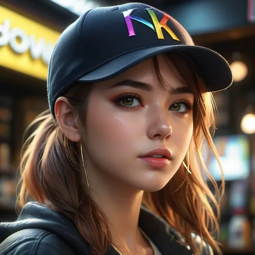 Prompt: Young woman, ponytail black with rainbow highlights mossy yellow gold eyes, a baseball cap placed carelessly on her head ((K/DA)). She has her head resting on one hand. She has black makeup, with black kohl. She is behind the counter of a geek store. She seems to be deeply bored, her hand holds her head. Dark atmosphere, old shop. She has a badge with her name, "Lucy". Flawless text , parted bangs. 4D. 300k, 50mm, f/1.4, sharp focus, reflections, high-quality background , UHD, sharp focus, reflections, high-quality background illustration by Marc Simonetti Carne Griffiths, Conrad Roset, 3D anime girl, Full HD render + immense detail + dramatic lighting + well lit + fine | ultra - detailed realism, full body art, lighting, high - quality, engraved, ((photorealistic)), ((hyperrealistic)), ((perfect eyes)), ((perfect skin)), ((perfect hair)), ((perfect shadow)), ((perfect light)) 800k UHD 100mm. 4D. 300k, 50mm, f/1.4, sharp focus, reflections, high-quality background , UHD, sharp focus, reflections, high-quality background illustration by Marc Simonetti Carne Griffiths, Conrad Roset, 3D anime girl, Full HD render + immense detail + dramatic lighting + well lit + fine | ultra - detailed realism, full body art, lighting, high - quality, engraved, ((photorealistic)), ((hyperrealistic)), ((perfect eyes)), ((perfect skin)), ((perfect hair)), ((perfect shadow)), ((perfect light))