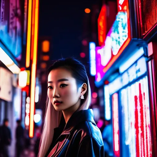 Prompt: Photo, portrait, very close up, 1 women , japan , crouching in a narrow street, illuminated by neon lights at night, in front of a night club, looking directly at the camera, low-angle shot, heavenly beauty, 8k, 50mm, f/1. 4, high detail, sharp focus, perfect anatomy, highly detailed, detailed and high quality background, oil painting, digital painting, Trending on artstation, UHD, 128K, quality, Big Eyes, artgerm, highest quality stylized character concept masterpiece, award winning digital 3d, hyper-realistic, intricate, 128K, UHD, HDR, image of a gorgeous, beautiful, dirty, highly detailed face, hyper-realistic facial features, cinematic 3D volumetric, illustration by Marc Simonetti, Carne Griffiths, Conrad Roset, 3D anime girl, Full HD render + immense detail + dramatic lighting + well lit + fine | ultra - detailed realism, full body art, lighting, high - quality, engraved |