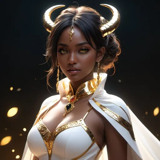 Prompt: female, colored skin, black skin, colored black skin, gold horns, curves, lava lamp horns, visible shoulders, detached sleeves, belly, jewelry, gold chain, necklace, white dress, cape with inner lining cosmic (black and gold), colored sclera, yellow eyes, black sclera, bow, low cut, keyhole, navel, white veil, ultra-detailed, high definition,wore, face, UHD , 300K , 50mm, f/1.4, sharp focus, reflections, high-quality background , UHD, sharp focus, reflections, high-quality background illustration by Marc Simonetti Carne Griffiths, Conrad Roset, 3D anime girl, Full HD render + immense detail + dramatic lighting + well lit + fine | ultra - detailed realism, full body art, lighting, high - quality, engraved, ((photorealistic)), ((hyperrealistic)), ((perfect eyes)), ((perfect skin)), ((perfect hair)), ((perfect shadow)), ((perfect light)) 800k UHD 100mm. 4D. 300k, 50mm, f/1.4, sharp focus, reflections, high-quality background , UHD, sharp focus, reflections, high-quality background illustration by Marc Simonetti Carne Griffiths, Conrad Roset, 3D anime girl, Full HD render + immense detail + dramatic lighting + well lit + fine | ultra - detailed realism, full body art, lighting, high - quality, engraved, ((photorealistic)), ((hyperrealistic)), ((perfect eyes)), ((perfect skin)), ((perfect hair)), ((perfect shadow)), ((perfect light))