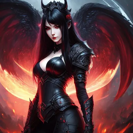 Prompt: girl , hell, demon, 20 years old, 
light armor with big cleavage ,long ponytail red hair with black highlights, black conjunctiva with red iris, goth clothe , elbow on knees hands together, seatting on a the hell throne, parted bangs, ethereal, royal vibe, highly detailed, digital painting, Trending on artstation, Big Eyes, artgerm, highest quality stylized character concept masterpiece, award winning digital 3d oil painting art, hyper-realistic, intricate, 64k, UHD, HDR, image of a gorgeous, beautiful, dirty, highly detailed face, hyper-realistic facial features, perfect anatomy in perfect composition of professional, long shot, sharp focus photography, cinematic 3d volumetric
