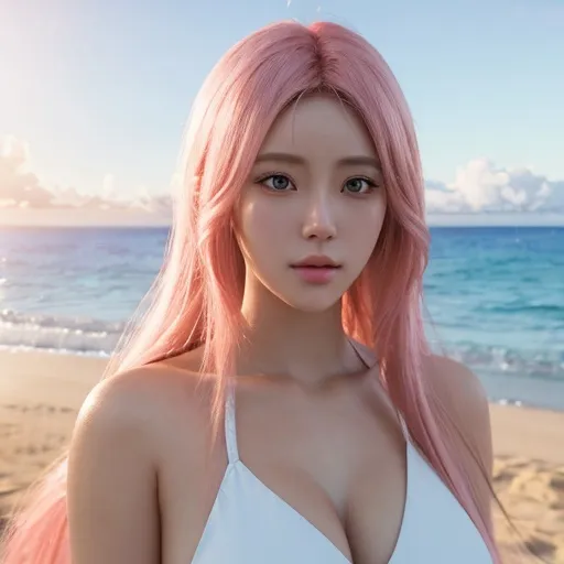 Prompt: bimbo , long pink hair , cup D, human , swimwear , ultrarealistic, perfect face, ultrafuturistic background beach with sea Illustration by Makoto shinkai. heavenly beauty, 128k, 50mm, f/1. 4, high detail, sharp focus, perfect anatomy, highly detailed, detailed and high quality background, oil painting, digital painting, Trending on artstation, UHD, 128K, quality, Big Eyes, artgerm, highest quality stylized character concept masterpiece, award winning digital 3d, hyper-realistic, intricate, 128K, UHD, HDR, image of a gorgeous, beautiful, dirty, highly detailed face, hyper-realistic facial features, cinematic 3D volumetric, 3D anime girl, Full HD render + immense detail + dramatic lighting + well lit + fine | ultra - detailed realism, full body art, lighting, high - quality, engraved, ((photorealistic)), ((hyperrealistic))