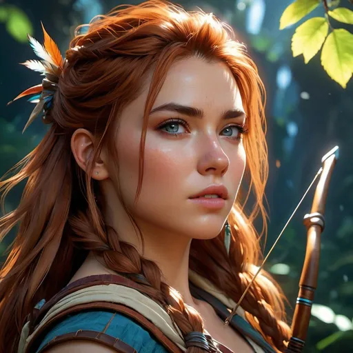 Prompt: Create an artistic illustration of Aloy in action, equipped with her bow and arrows, exploring the vast wilds of the Forbidden West. It is surrounded by formidable machines and breathtaking natural landscapes. The style should capture the character's strength and determination, while paying homage to the game's unique and vibrant aesthetic. ,wore, face, UHD , 300K , 50mm, f/1.4, sharp focus, reflections, high-quality background , UHD, sharp focus, reflections, high-quality background illustration by Marc Simonetti Carne Griffiths, Conrad Roset, 3D anime girl, Full HD render + immense detail + dramatic lighting + well lit + fine | ultra - detailed realism, full body art, lighting, high - quality, engraved, ((photorealistic)), ((hyperrealistic)), ((perfect eyes)), ((perfect skin)), ((perfect hair)), ((perfect shadow)), ((perfect light)) 800k UHD 100mm. 4D. 300k, 50mm, f/1.4, sharp focus, reflections, high-quality background , UHD, sharp focus, reflections, high-quality background illustration by Marc Simonetti Carne Griffiths, Conrad Roset, 3D anime girl, Full HD render + immense detail + dramatic lighting + well lit + fine | ultra - detailed realism, full body art, lighting, high - quality, engraved, ((photorealistic)), ((hyperrealistic)), ((perfect eyes)), ((perfect skin)), ((perfect hair)), ((perfect shadow)), ((perfect light))