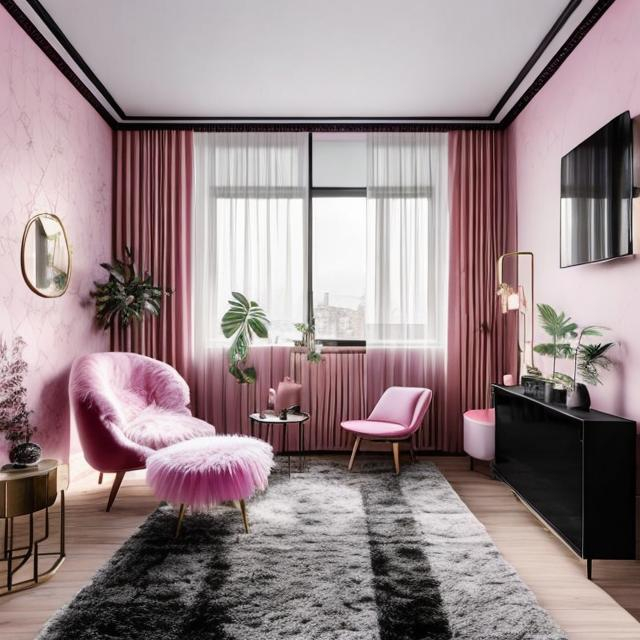 Prompt: 1 cozy armchair, pink, fluffy, in a living room with a black tiled floor, two windows with black hangings, walls with powder pink tapestry and gold designs, a natural wood wardrobe, a designer radiator, a designer chandelier with white feathers, a white carpet below a rectangular black designer living room coffee table, large flat screen TV on the walls with small designer storage unit below the TV on the floor, sound bars on either side small TV storage unit, bouquet of red roses in a black and white designer vase on the table

Illustration by Makoto shinkai.

heavenly beauty, 128k, 50mm, f/1. 4, high detail, sharp focus, perfect anatomy, highly detailed, detailed and high quality background, oil painting, digital painting, Trending on artstation, UHD, 128K, quality,  artgerm, highest quality stylized character concept masterpiece, award winning digital 3d, hyper-realistic, intricate, 128K, UHD, HDR, image of a gorgeous, beautiful, dirty, highly , hyper-realistic features, cinematic 3D volumetric,   Full HD render + immense detail + dramatic lighting + well lit + fine | ultra - detailed realism, lighting, high - quality, engraved, ((photorealistic)), ((hyperrealistic))