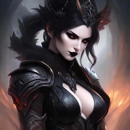 Prompt: women , hell, vampire ,  light armor with big cleavage ,ponytail white hair with black highlights, , golden iris , goth clothe , cape , moon, elbow on knees hands together, seatting on a the hell throne, parted bangs, ethereal, royal vibe, highly detailed, digital painting, Trending on artstation, Big Eyes, artgerm, highest quality stylized character concept masterpiece, award winning digital 3d oil painting art, hyper-realistic, intricate, 64k, UHD, HDR, image of a gorgeous, beautiful, dirty, highly detailed face, hyper-realistic facial features, perfect anatomy in perfect composition of professional, long shot, sharp focus photography, cinematic 3d volumetric