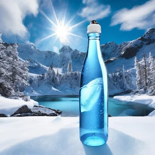 Prompt: Capture a precise, professional-grade in the highest possible quality photography bottle of water on the snow in the snowy mountain