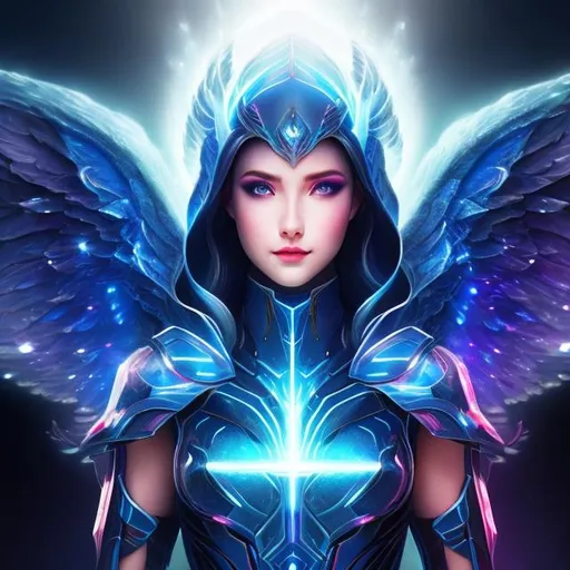 Prompt: women , light armor with big cleavage , midnight blue long hair, gold  eye , angel , holographic draped dress , angel wing , divine Halo

logo or text on clothes, painting, drawing, art, vector, flat, sketch, text, deformed, ugly, mutilated, disfigured, extra limbs, face cut, head cut, extra fingers, extra arms, poorly drawn face, mutation, bad proportions, cropped head, malformed limbs, mutated hands, fused fingers, long neck, strange colors, sketch, lacklustre, repetitive, cropped, low res, old, deformed, childish, ugly, duplicate, morbid, out of frame, mutated hands, poorly drawn hands, mutation, blurry, bad anatomy, bad proportions, malformed limbs, missing arms, missing legs, mutated hands, bad composition, compressed, low quality, lowres, watermark, cropped, worst quality, jpeg artifacts, signature, asymmetrical eyes, split images, mad, poor, low, malformed, letters, digits, abstract, logo, mad, weird colors, plastic, bad eyes, crossed eyes, mutated, poorly drawn hands, missing limb, floating limbs, disconnected limbs, malformed hands, blur, out of focus, long neck, long body, mutated hands and fingers, super ugly bad, super ugly bad composition, super ugly bad body anatomy, super ugly bad face, super ugly bad few details, super ugly bad quality

Illustration by Makoto shinkai.

heavenly beauty, 128k, 50mm, f/1. 4, high detail, sharp focus, perfect anatomy, highly detailed, detailed and high quality background, oil painting, digital painting, Trending on artstation, UHD, 128K, quality, Big Eyes, artgerm, highest quality stylized character concept masterpiece, award winning digital 3d, hyper-realistic, intricate, 128K, UHD, HDR, image of a gorgeous, beautiful, dirty, highly detailed face, hyper-realistic facial features, cinematic 3D volumetric,  3D anime girl, Full HD render + immense detail + dramatic lighting + well lit + fine | ultra - detailed realism, full body art, lighting, high - quality, engraved, ((photorealistic)), ((hyperrealistic))
