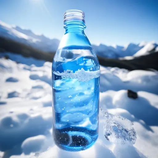 Prompt: Capture a precise, professional-grade in the highest possible quality photography bottle of water on the snow in the snowy mountain
