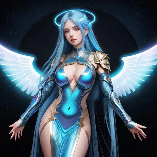 Prompt: women , light armor with big cleavage , midnight blue long hair, gold gradient eye , angel , holographic draped dress , angel wing , divine Halo

logo or text on clothes, painting, drawing, art, vector, flat, sketch, text, deformed, ugly, mutilated, disfigured, extra limbs, face cut, head cut, extra fingers, extra arms, poorly drawn face, mutation, bad proportions, cropped head, malformed limbs, mutated hands, fused fingers, long neck, strange colors, sketch, lacklustre, repetitive, cropped, low res, old, deformed, childish, ugly, duplicate, morbid, out of frame, mutated hands, poorly drawn hands, mutation, blurry, bad anatomy, bad proportions, malformed limbs, missing arms, missing legs, mutated hands, bad composition, compressed, low quality, lowres, watermark, cropped, worst quality, jpeg artifacts, signature, asymmetrical eyes, split images, mad, poor, low, malformed, letters, digits, abstract, logo, mad, weird colors, plastic, bad eyes, crossed eyes, mutated, poorly drawn hands, missing limb, floating limbs, disconnected limbs, malformed hands, blur, out of focus, long neck, long body, mutated hands and fingers, super ugly bad, super ugly bad composition, super ugly bad body anatomy, super ugly bad face, super ugly bad few details, super ugly bad quality

Illustration by Makoto shinkai.

heavenly beauty, 128k, 50mm, f/1. 4, high detail, sharp focus, perfect anatomy, highly detailed, detailed and high quality background, oil painting, digital painting, Trending on artstation, UHD, 128K, quality, Big Eyes, artgerm, highest quality stylized character concept masterpiece, award winning digital 3d, hyper-realistic, intricate, 128K, UHD, HDR, image of a gorgeous, beautiful, dirty, highly detailed face, hyper-realistic facial features, cinematic 3D volumetric,  3D anime girl, Full HD render + immense detail + dramatic lighting + well lit + fine | ultra - detailed realism, full body art, lighting, high - quality, engraved, ((photorealistic)), ((hyperrealistic))
