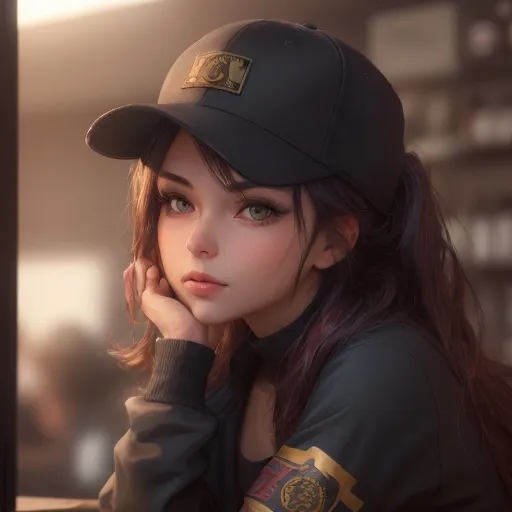 Prompt: Young woman, ponytail black with 
red highlights mossy goldy eyes, a baseball cap placed carelessly on her head. She has her head resting on one hand. She has black makeup, with black kohl. She is behind the counter of a geek store. She seems to be deeply bored, her hand holds her head. Dark atmosphere, old shop. She has a badge with her name, "Lucy". Flawless text. 4D. 300k, 50mm, f/1.4, sharp focus, reflections, high-quality background , UHD, sharp focus, reflections, high-quality background
illustration by Marc Simonetti Carne Griffiths, Conrad Roset, 3D anime girl, Full HD render + immense detail + dramatic lighting + well lit + fine | ultra - detailed realism, full body art, lighting, high - quality, engraved, ((photorealistic)), ((hyperrealistic)), ((perfect eyes)), ((perfect skin)), ((perfect hair)), ((perfect shadow)), ((perfect light))