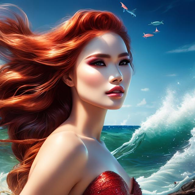 Prompt: 1 women mermaid , red  cherry long hair , make-up  , swimwear , sea , beach , water with waves , portrait

heavenly beauty, 128k, 50mm, f/1. 4, high detail, sharp focus, perfect anatomy, highly detailed, detailed and high quality background, oil painting, digital painting, Trending on artstation, UHD, 128K, quality, Big Eyes, artgerm, highest quality stylized character concept masterpiece, award winning digital 3d, hyper-realistic, intricate, 128K, UHD, HDR, image of a gorgeous, beautiful, dirty, highly detailed face, hyper-realistic facial features, cinematic 3D volumetric, illustration by Marc Simonetti, Carne Griffiths, Conrad Roset, 3D anime girl, Full HD render + immense detail + dramatic lighting + well lit + fine | ultra - detailed realism, full body art, lighting, high - quality, engraved, ((photorealistic)), ((hyperrealistic)),  ((perfect eyes)), ((perfect skin)), ((perfect hair))