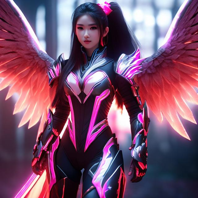 Prompt: white and black light armor with big cleavage , big ponytail hair , red gradient hair , orange gradient eye ,  android , angel wing