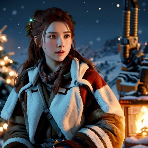 Prompt: warm christmas , aloy 
with monster robotic machines , horizon zero dawn , 600K UHD