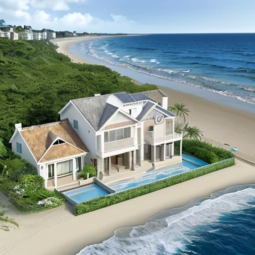 Prompt: house designer , sea , beach , water with waves