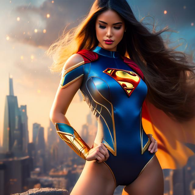 Prompt: Capture a precise, professional-grade in the highest possible quality photography woman superhero superherowear

heavenly beauty, 128k, 50mm, f/1. 4, high detail, sharp focus, perfect anatomy, highly detailed, detailed and high quality background, oil painting, digital painting, Trending on artstation, UHD, 128K, quality, Big Eyes, artgerm, highest quality stylized character concept masterpiece, award winning digital 3d, hyper-realistic, intricate, 128K, UHD, HDR, image of a gorgeous, beautiful, dirty, highly detailed face, hyper-realistic facial features, cinematic 3D volumetric, illustration by Marc Simonetti, Carne Griffiths, Conrad Roset, 3D anime girl, Full HD render + immense detail + dramatic lighting + well lit + fine | ultra - detailed realism, full body art, lighting, high - quality, engraved, ((photorealistic)), ((hyperrealistic)),  ((perfect eyes)), ((perfect skin)), ((perfect hair))