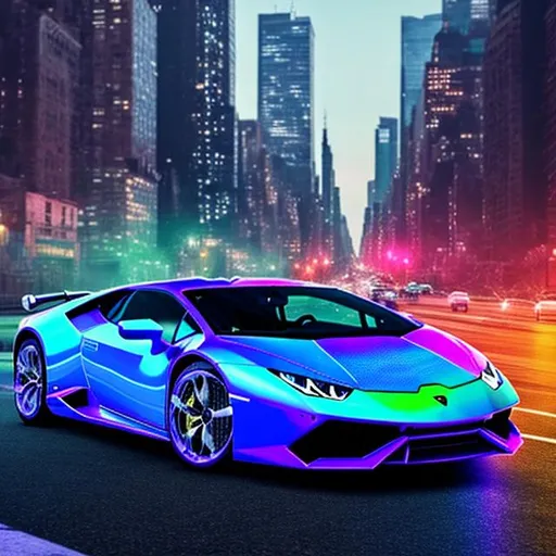 Prompt: 1 car , Lamborghini huracan , holographic , road of new york city background , ultra-realistic