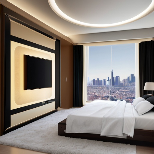 Prompt: luxurious futurist bedroom with geant tv