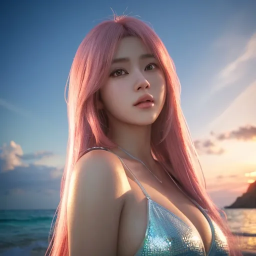 Prompt: bimbo , long pink hair , cup D, human , swimwear , ultrarealistic, perfect face, ultrafuturistic background beach with sea Illustration by Makoto shinkai. heavenly beauty, 128k, 50mm, f/1. 4, high detail, sharp focus, perfect anatomy, highly detailed, detailed and high quality background, oil painting, digital painting, Trending on artstation, UHD, 128K, quality, Big Eyes, artgerm, highest quality stylized character concept masterpiece, award winning digital 3d, hyper-realistic, intricate, 128K, UHD, HDR, image of a gorgeous, beautiful, dirty, highly detailed face, hyper-realistic facial features, cinematic 3D volumetric, 3D anime girl, Full HD render + immense detail + dramatic lighting + well lit + fine | ultra - detailed realism, full body art, lighting, high - quality, engraved, ((photorealistic)), ((hyperrealistic))