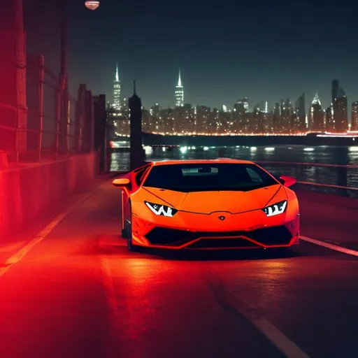 Prompt: 1 car , Lamborghini huracan , black with red neon light , red lighthouse ,
red wheel light , road of new york city background, moon 