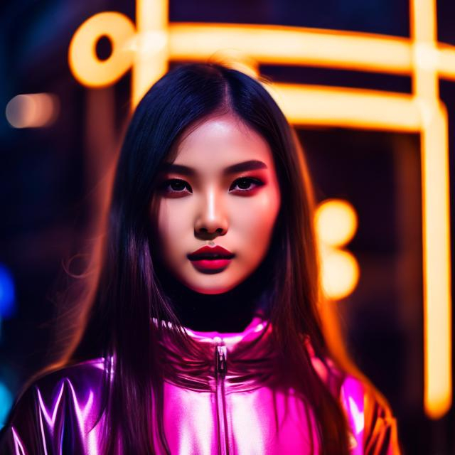 Prompt: Photo, portrait, very close up, 1girl, dark brown hair with light brown highlight, lipstick gloss, crouching in a narrow street, illuminated by neon lights at night, in front of a night club, looking directly at the camera, low-angle shot, heavenly beauty, 8k, 50mm, f/1. 4, high detail, sharp focus, perfect anatomy, highly detailed, detailed and high quality background, oil painting, digital painting, Trending on artstation, UHD, 128K, quality, Big Eyes, artgerm, highest quality stylized character concept masterpiece, award winning digital 3d, hyper-realistic, intricate, 128K, UHD, HDR, image of a gorgeous, beautiful, dirty, highly detailed face, hyper-realistic facial features, cinematic 3D volumetric, illustration by Marc Simonetti, Carne Griffiths, Conrad Roset, 3D anime girl, Full HD render + immense detail + dramatic lighting + well lit + fine | ultra - detailed realism, full body art, lighting, high - quality, engraved |