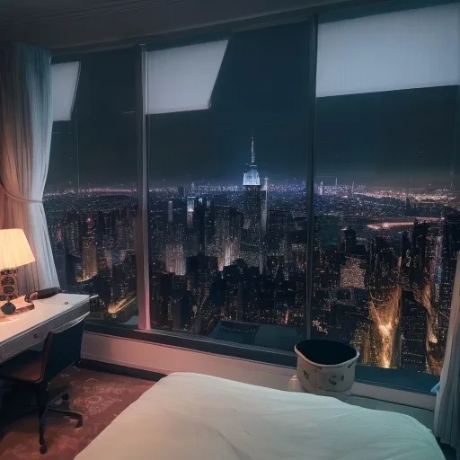 Prompt: a luxury bedroom , neon ,windows with a view of New York at night ((view of empire state bulding))