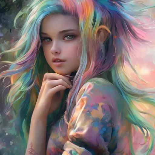 Prompt: A girl with rainbow pastel hair , human  , portrait

heavenly beauty, 128k, 50mm, f/1. 4, high detail, sharp focus, perfect anatomy, highly detailed, detailed and high quality background, oil painting, digital painting, Trending on artstation, UHD, 128K, quality, Big Eyes, artgerm, highest quality stylized character concept masterpiece, award winning digital 3d, hyper-realistic, intricate, 128K, UHD, HDR, image of a gorgeous, beautiful, dirty, highly detailed face, hyper-realistic facial features, cinematic 3D volumetric, illustration by Marc Simonetti, Carne Griffiths, Conrad Roset, 3D anime girl, Full HD render + immense detail + dramatic lighting + well lit + fine | ultra - detailed realism, full body art, lighting, high - quality, engraved, ((photorealistic)), ((hyperrealistic)), ((perfect eyes)), ((perfect skin)), ((perfect hair))