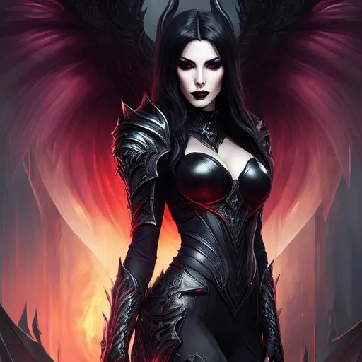 Prompt: women , hell, vampire ,  light armor with big cleavage ,long  white hair with black highlights, gradient golden iris , goth clothe , cape , moon, elbow on knees hands together, seatting on a the hell throne, parted bangs, ethereal, royal vibe, highly detailed, digital painting, Trending on artstation, Big Eyes, artgerm, highest quality stylized character concept masterpiece, award winning digital 3d oil painting art, hyper-realistic, intricate, 64k, UHD, HDR, image of a gorgeous, beautiful, dirty, highly detailed face, hyper-realistic facial features, perfect anatomy in perfect composition of professional, long shot, sharp focus photography, cinematic 3d volumetric