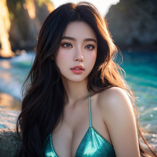 Prompt: 1 women mermaid , blue long hair , make-up , swimwear , sea , beach , water with waves , portrait heavenly beauty, 128k, 50mm, f/1. 4, high detail, sharp focus, perfect anatomy, highly detailed, detailed and high quality background, oil painting, digital painting, Trending on artstation, UHD, 128K, quality, Big Eyes, artgerm, highest quality stylized character concept masterpiece, award winning digital 3d, hyper-realistic, intricate, 128K, UHD, HDR, image of a gorgeous, beautiful, dirty, highly detailed face, hyper-realistic facial features, cinematic 3D volumetric, illustration by Marc Simonetti, Carne Griffiths, Conrad Roset, 3D anime girl, Full HD render + immense detail + dramatic lighting + well lit + fine | ultra - detailed realism, full body art, lighting, high - quality, engraved, ((photorealistic)), ((hyperrealistic)), ((perfect eyes)), ((perfect skin)), ((perfect hair))