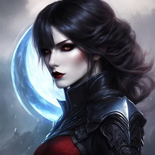 Prompt: women , hell, vampire ,  20 years old, light armor with big cleavage ,long  red hair with black highlights,  red eye , goth clothe , cape , moon, elbow on knees hands together, seatting on a the hell throne, parted bangs, ethereal, royal vibe, highly detailed, digital painting, Trending on artstation, Big Eyes, artgerm, highest quality stylized character concept masterpiece, award winning digital 3d oil painting art, hyper-realistic, intricate, 64k, UHD, HDR, image of a gorgeous, beautiful, dirty, highly detailed face, hyper-realistic facial features, perfect anatomy in perfect composition of professional, long shot, sharp focus photography, cinematic 3d volumetric