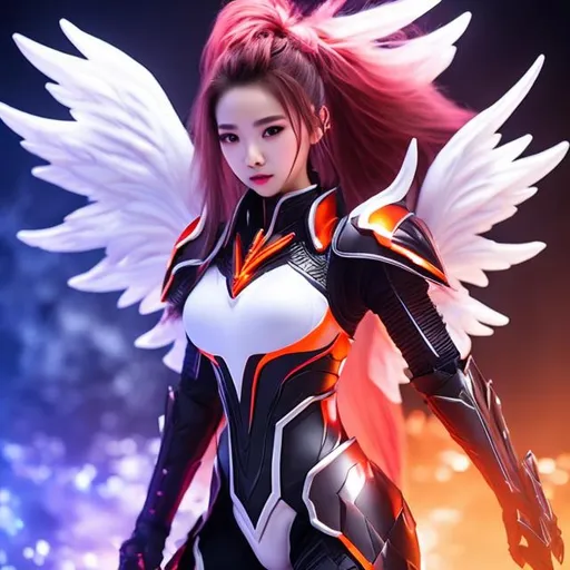 Prompt: white and black light armor with big cleavage , big ponytail hair , red gradient hair , orange gradient eye ,  android , angel wing