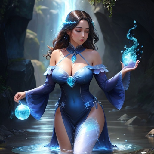 Prompt: a woman with water elemental magical powers D cup drapped dress