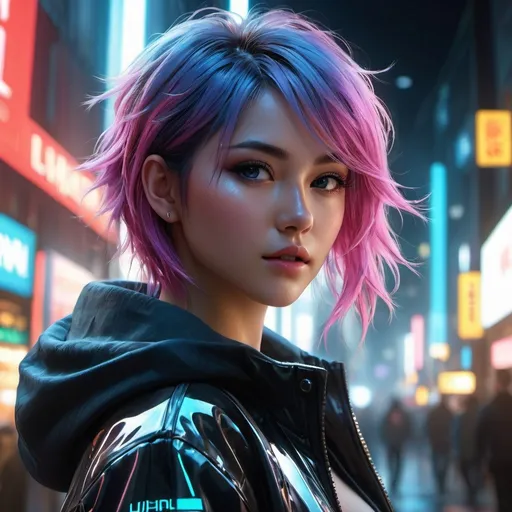 Prompt: Imagine a cyberpunk manga girl with neon hair, and a futuristic outfit. She stands in a dark alley in the city, lit by neon lights and advertising holograms. The atmosphere is full of mystery and adventure, reflecting a world where technology and humanity intersect in complex ways. The style should be dynamic and rich in detail, capturing the essence of the cyberpunk genre ,wore, face, UHD , 300K , 50mm, f/1.4, sharp focus, reflections, high-quality background , UHD, sharp focus, reflections, high-quality background illustration by Marc Simonetti Carne Griffiths, Conrad Roset, 3D anime girl, Full HD render + immense detail + dramatic lighting + well lit + fine | ultra - detailed realism, full body art, lighting, high - quality, engraved, ((photorealistic)), ((hyperrealistic)), ((perfect eyes)), ((perfect skin)), ((perfect hair)), ((perfect shadow)), ((perfect light)) 800k UHD 100mm. 4D. 300k, 50mm, f/1.4, sharp focus, reflections, high-quality background , UHD, sharp focus, reflections, high-quality background illustration by Marc Simonetti Carne Griffiths, Conrad Roset, 3D anime girl, Full HD render + immense detail + dramatic lighting + well lit + fine | ultra - detailed realism, full body art, lighting, high - quality, engraved, ((photorealistic)), ((hyperrealistic)), ((perfect eyes)), ((perfect skin)), ((perfect hair)), ((perfect shadow)), ((perfect light))