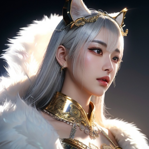 Prompt: kitsune female, delicate physique, soft white fur, partial silver mask, gold eyes, intricate and ornate garments, cyberpunk Heavenly beauty, 128k, 50mm, f/1. 4, high detail, sharp focus, perfect anatomy, highly detailed, detailed and high quality background, oil painting, digital painting, Trending on artstation, UHD, 128K, quality, Big Eyes, artgerm, highest quality stylized character concept masterpiece, award winning digital 3d, hyper-realistic, intricate, 128K, UHD, HDR, image of a gorgeous, beautiful, dirty, highly detailed face, hyper-realistic facial features, cinematic 3D volumetric, 