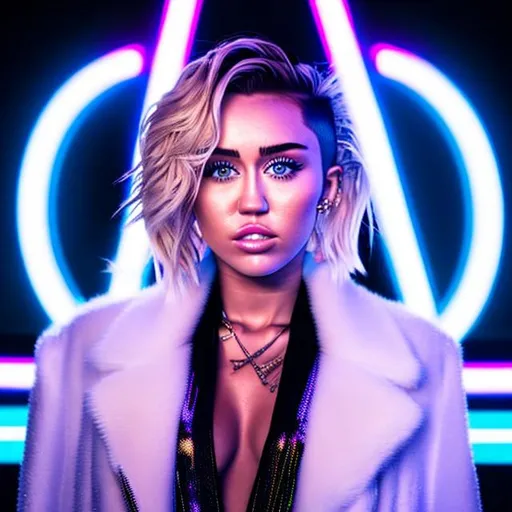 Prompt: Photo, portrait, very close up, 1 women , miley cyrus , crouching in a narrow street, illuminated by neon lights at night, in front of a night club, looking directly at the camera, low-angle shot, heavenly beauty, 8k, 50mm, f/1. 4, high detail, sharp focus, perfect anatomy, highly detailed, detailed and high quality background, oil painting, digital painting, Trending on artstation, UHD, 128K, quality, Big Eyes, artgerm, highest quality stylized character concept masterpiece, award winning digital 3d, hyper-realistic, intricate, 128K, UHD, HDR, image of a gorgeous, beautiful, dirty, highly detailed face, hyper-realistic facial features, cinematic 3D volumetric, illustration by Marc Simonetti, Carne Griffiths, Conrad Roset, 3D anime girl, Full HD render + immense detail + dramatic lighting + well lit + fine | ultra - detailed realism, full body art, lighting, high - quality, engraved |