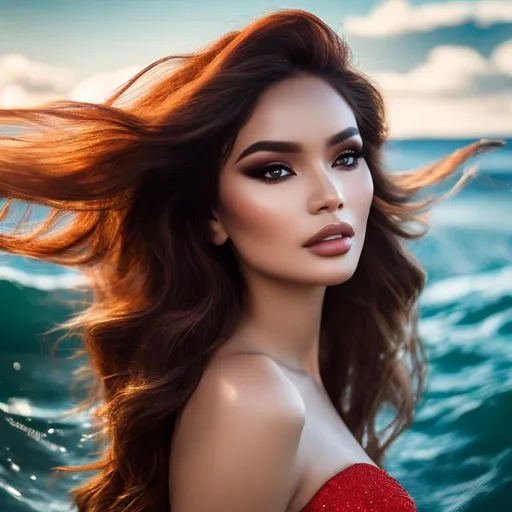 Prompt: 1 women , red long hair , make-up  , swimwear , sea , beach , water with waves , portrait

heavenly beauty, 128k, 50mm, f/1. 4, high detail, sharp focus, perfect anatomy, highly detailed, detailed and high quality background, oil painting, digital painting, Trending on artstation, UHD, 128K, quality, Big Eyes, artgerm, highest quality stylized character concept masterpiece, award winning digital 3d, hyper-realistic, intricate, 128K, UHD, HDR, image of a gorgeous, beautiful, dirty, highly detailed face, hyper-realistic facial features, cinematic 3D volumetric, illustration by Marc Simonetti, Carne Griffiths, Conrad Roset, 3D anime girl, Full HD render + immense detail + dramatic lighting + well lit + fine | ultra - detailed realism, full body art, lighting, high - quality, engraved, ((photorealistic)), ((hyperrealistic)),  ((perfect eyes)), ((perfect skin)), ((perfect hair))
