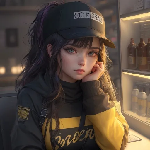 Prompt: Young woman, ponytail black with 
rainbow highlights mossy yellow gold eyes, a baseball cap placed carelessly on her head ((K/DA)). K/DA clothes She has her head resting on one hand. She has black makeup, with black kohl. She is behind the counter of a geek store. She seems to be deeply bored, her hand holds her head. Dark atmosphere, old shop. She has a badge with her name, "Lucy". Flawless text , parted bangs. 4D. 300k, 50mm, f/1.4, sharp focus, reflections, high-quality background , UHD, sharp focus, reflections, high-quality background
illustration by Marc Simonetti Carne Griffiths, Conrad Roset, 3D anime girl, Full HD render + immense detail + dramatic lighting + well lit + fine | ultra - detailed realism, full body art, lighting, high - quality, engraved, ((photorealistic)), ((hyperrealistic)), ((perfect eyes)), ((perfect skin)), ((perfect hair)), ((perfect shadow)), ((perfect light))