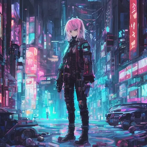 Prompt: Imagine a cyberpunk manga girl with neon hair, and a futuristic outfit. She stands in a dark alley in the city, lit by neon lights and advertising holograms. The atmosphere is full of mystery and adventure, reflecting a world where technology and humanity intersect in complex ways. The style should be dynamic and rich in detail, capturing the essence of the cyberpunk genre