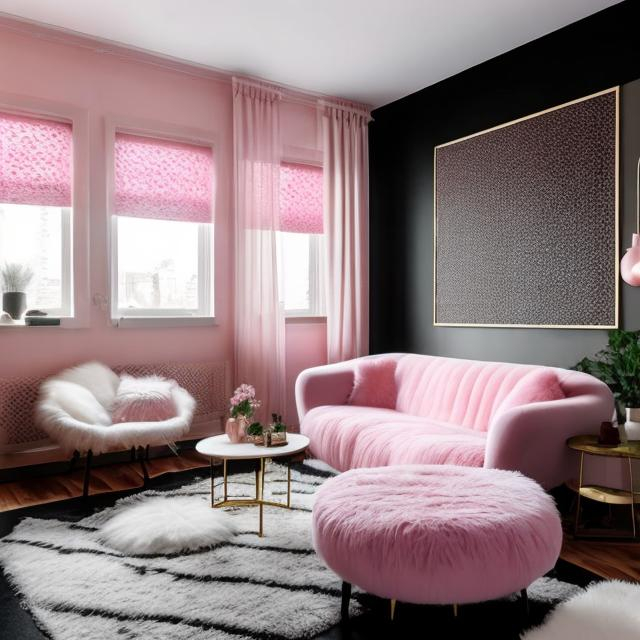 Prompt: 1 cozy armchair, pink, fluffy, in a living room with a black tiled floor, two windows with black hangings, walls with powder pink tapestry and gold designs, a natural wood wardrobe, a futurist radiator, a futurist chandelier with white feathers, a white carpet below a rectangular black futurist living room coffee table, large flat screen TV on the walls with small futurist storage unit below the TV on the floor, sound bars on either side small TV storage unit, bouquet of red roses in a black and white futurist vase on the table

Illustration by Makoto shinkai.

heavenly beauty, 128k, 50mm, f/1. 4, high detail, sharp focus, perfect anatomy, highly detailed, detailed and high quality background, oil painting, digital painting, Trending on artstation, UHD, 128K, quality,  artgerm, highest quality stylized character concept masterpiece, award winning digital 3d, hyper-realistic, intricate, 128K, UHD, HDR, image of a gorgeous, beautiful, dirty, highly , hyper-realistic features, cinematic 3D volumetric,   Full HD render + immense detail + dramatic lighting + well lit + fine | ultra - detailed realism, lighting, high - quality, engraved, ((photorealistic)), ((hyperrealistic))