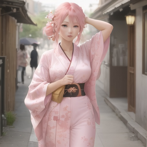 Prompt: a woman ((manga)) pink hair good anatomy pyjamas summer ((style kimono))