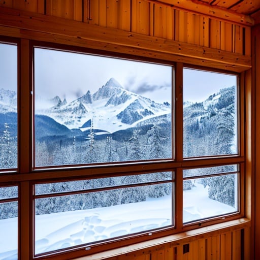 Prompt:  Capture a precise, professional-grade in the highest possible quality photography chalet (( interior )) window with view of a snowy mountain  128K, UHD, HDR,