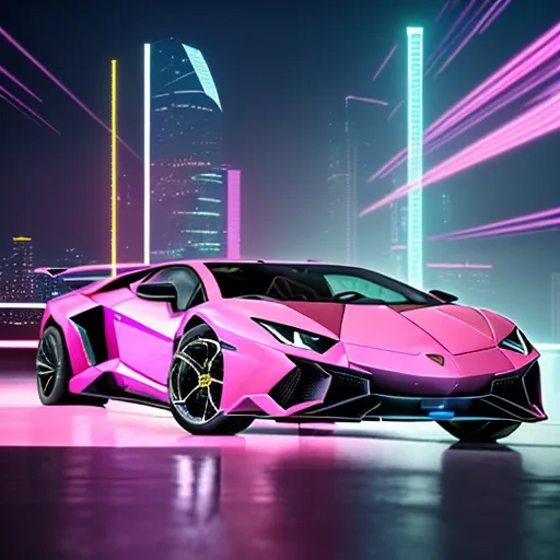 Prompt:  Capture a precise, professional-grade in the highest possible quality photography 1 lamborghini ultra-futurist design color pink holographic background cyberpunk town  128K, UHD, HDR,