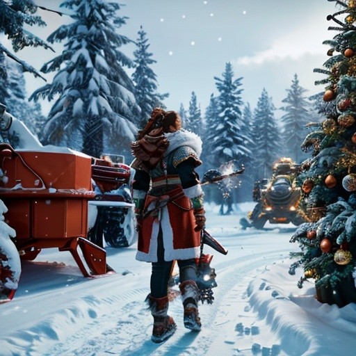 Prompt: warm christmas , aloy 
with monster robotic machines , horizon zero dawn , 600K UHD