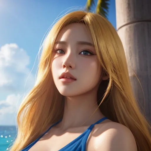 Prompt: bimbo , long yellow hair , cup D, human , swimwear , ultrarealistic, perfect face, ultrafuturistic background beach with sea Illustration by Makoto shinkai. heavenly beauty, 128k, 50mm, f/1. 4, high detail, sharp focus, perfect anatomy, highly detailed, detailed and high quality background, oil painting, digital painting, Trending on artstation, UHD, 128K, quality, Big Eyes, artgerm, highest quality stylized character concept masterpiece, award winning digital 3d, hyper-realistic, intricate, 128K, UHD, HDR, image of a gorgeous, beautiful, dirty, highly detailed face, hyper-realistic facial features, cinematic 3D volumetric, 3D anime girl, Full HD render + immense detail + dramatic lighting + well lit + fine | ultra - detailed realism, full body art, lighting, high - quality, engraved, ((photorealistic)), ((hyperrealistic))