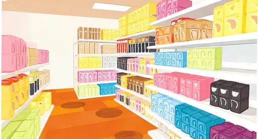 Prompt: This is a vibrant, digital painting of a brightly lit store aisle. The image features a wide array of colorful packages of hair weave, wigs, shampoo and conditioner arranged in neat rows on white shelves that span the entire width of the image. The  items are of various shapes and sizes, predominantly rectangular, and are in a variety of colors including pink, yellow, orange, black, and blue. The top row displays mostly black hair wigs, while the middle rows feature yellow and pink boxes. The bottom rows have a mix of colors, including blue and purple. The floor is a warm, orange-brown color with circular patterns, suggesting a polished surface. The background is predominantly white, making the colorful candies stand out. The hair boxes have simple, repetitive patterns and some have a glossy texture, reflecting light. The overall style of the painting is modern and abstract, with bold, flat colors and clean lines, giving it a playful and cheerful atmosphere. The perspective of the image is slightly angled, drawing the viewer's eye down the aisle. The image does not include any people or other objects, focusing solely on the candy display.