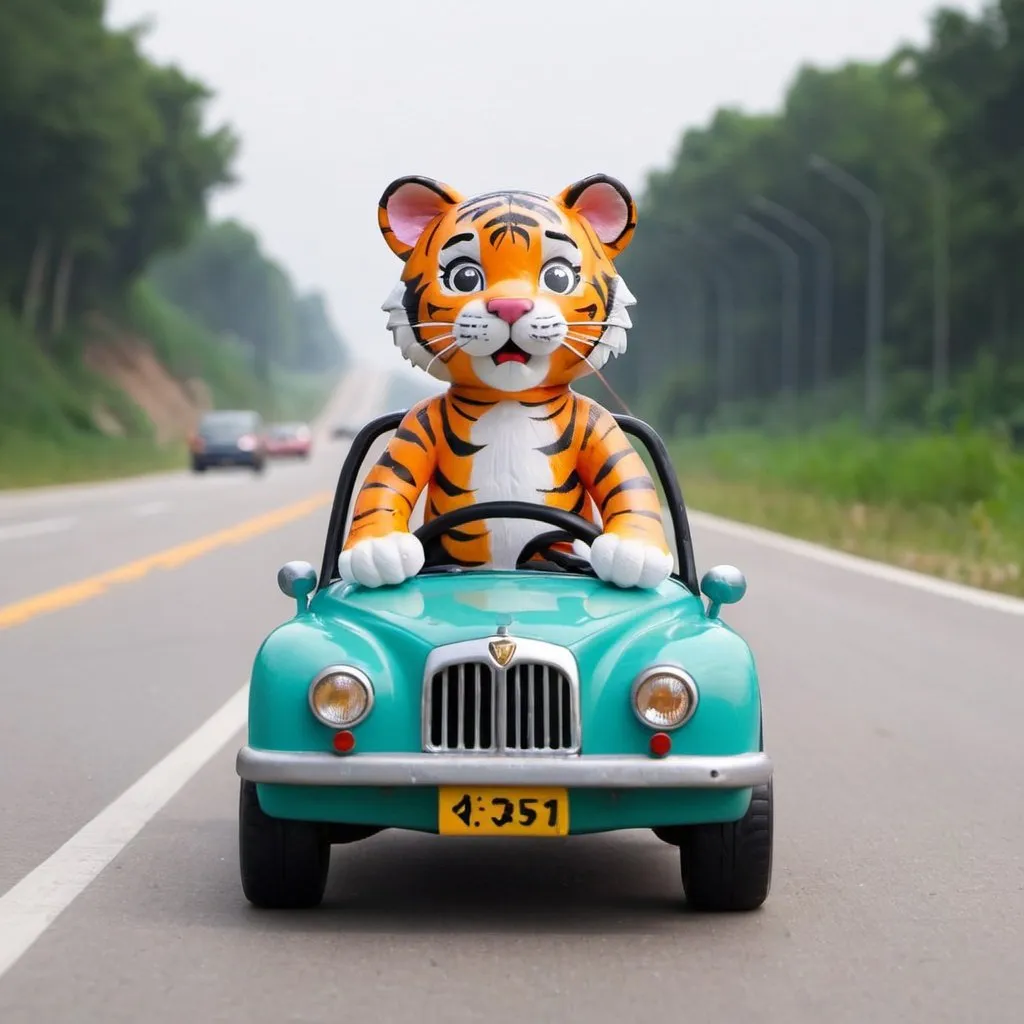 Prompt: the reallife kids drive car toys in highway with one little tiger