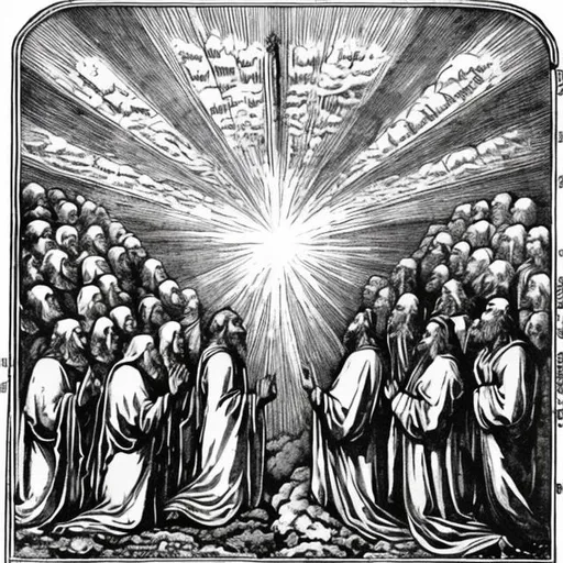 Prompt: The holy sky council praising god from the book of Enoch